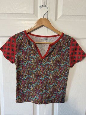 In Charge Paisley Print Top with Red Trim, Size L